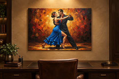 Blue dress tango couple canvas displayed in an elegant home office - Portugal Canvas Co