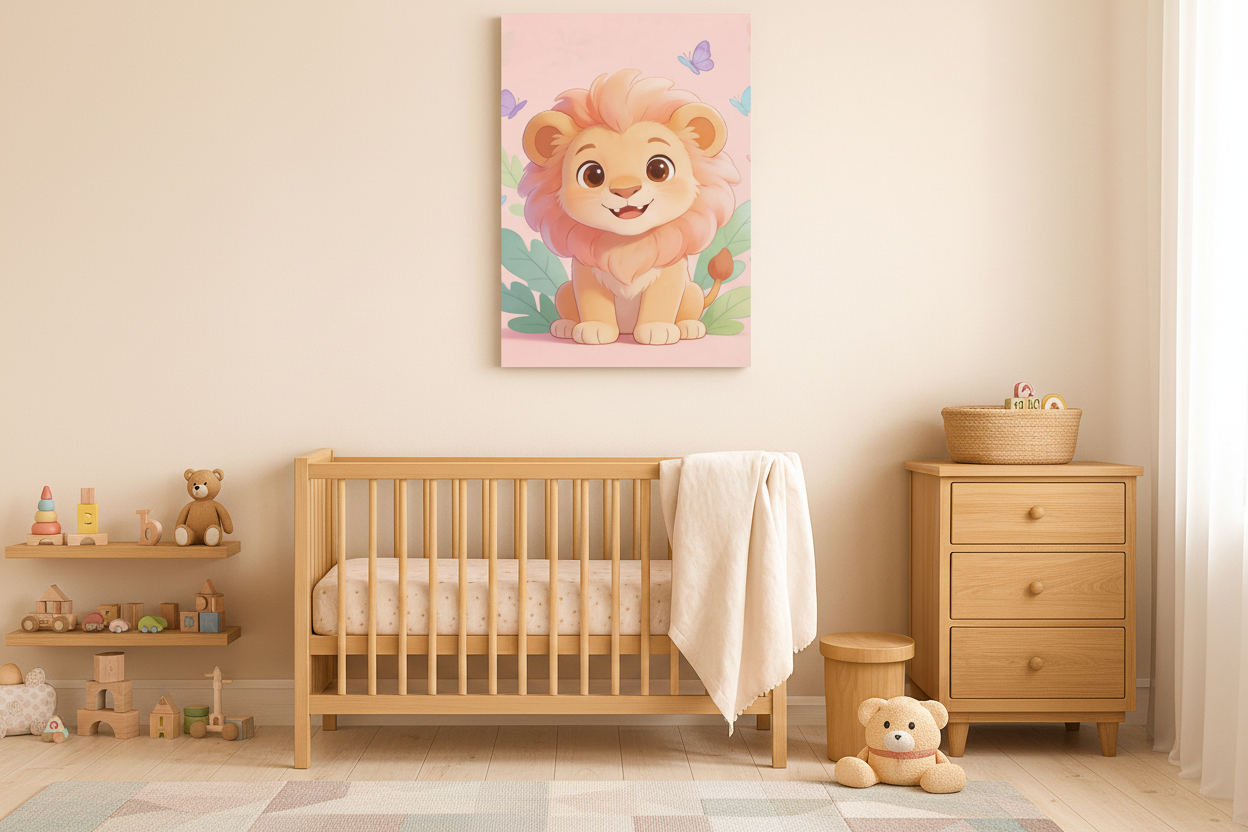 Cute lion canvas wall art displayed in a bright children's bedroom with playful decor - Portugal Canvas Co