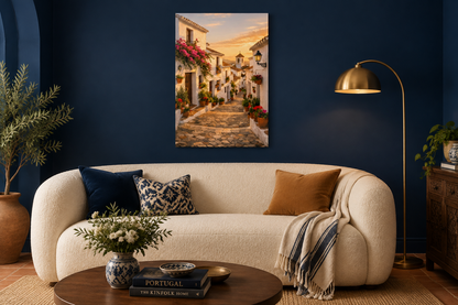 Whitewashed village street at golden hour canvas wall art above a cream sofa in a navy blue living room - Portugal Canvas Co