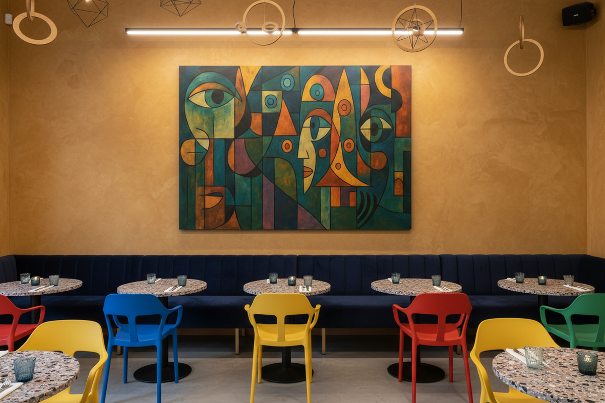 Colorful Cubist Faces canvas above colourful seating in a funky contemporary restaurant - Portugal Canvas Co