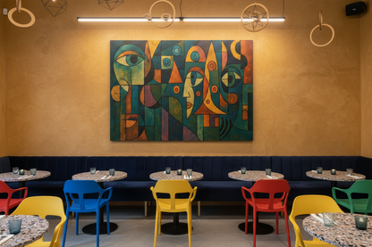 Colorful Cubist Faces canvas above colourful seating in a funky contemporary restaurant - Portugal Canvas Co