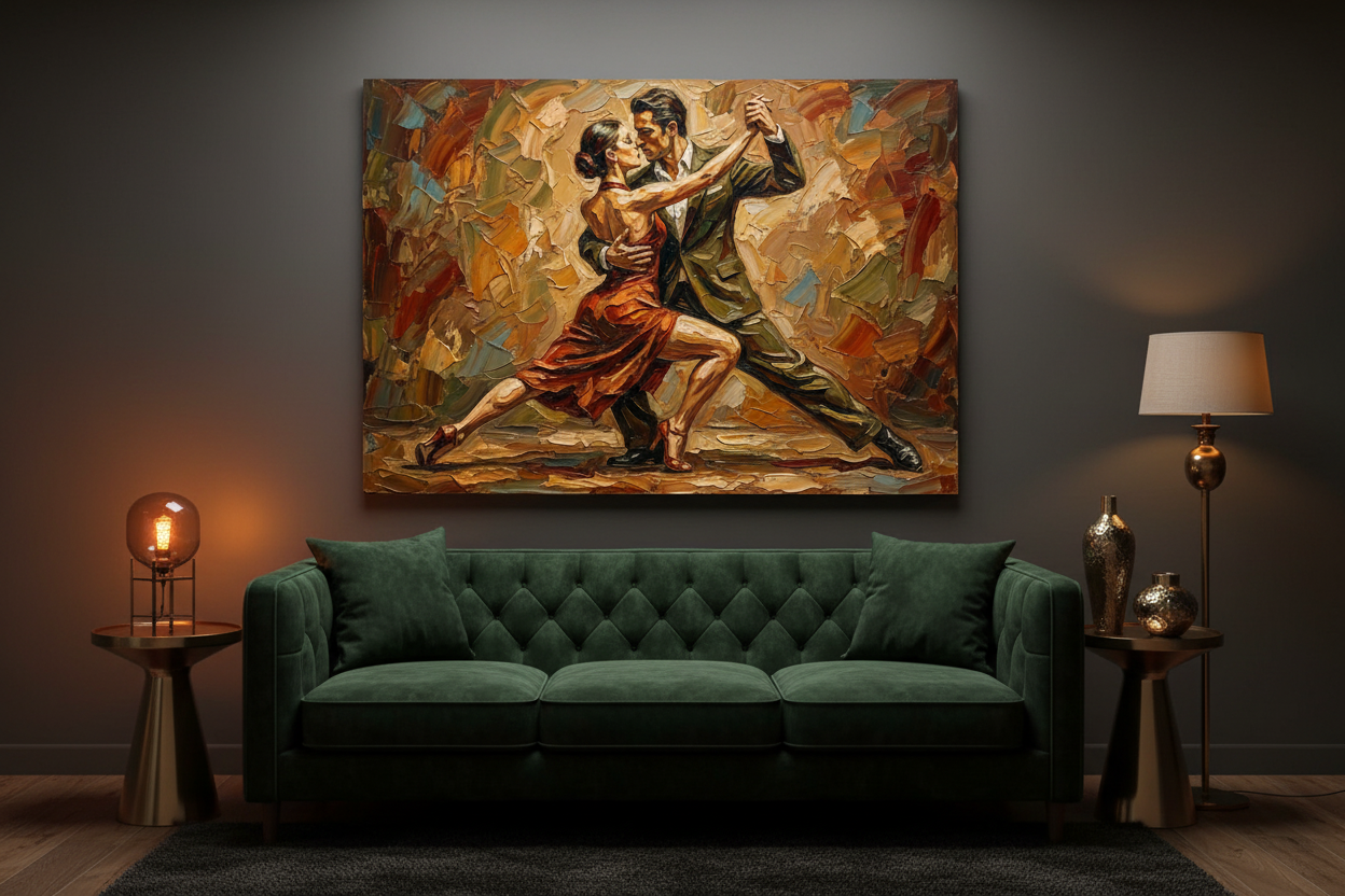 Tango in gold intimate couples dance canvas wall art on a charcoal grey wall in a dark moody living room with velvet sofa and brass accents - Portugal Canvas Co