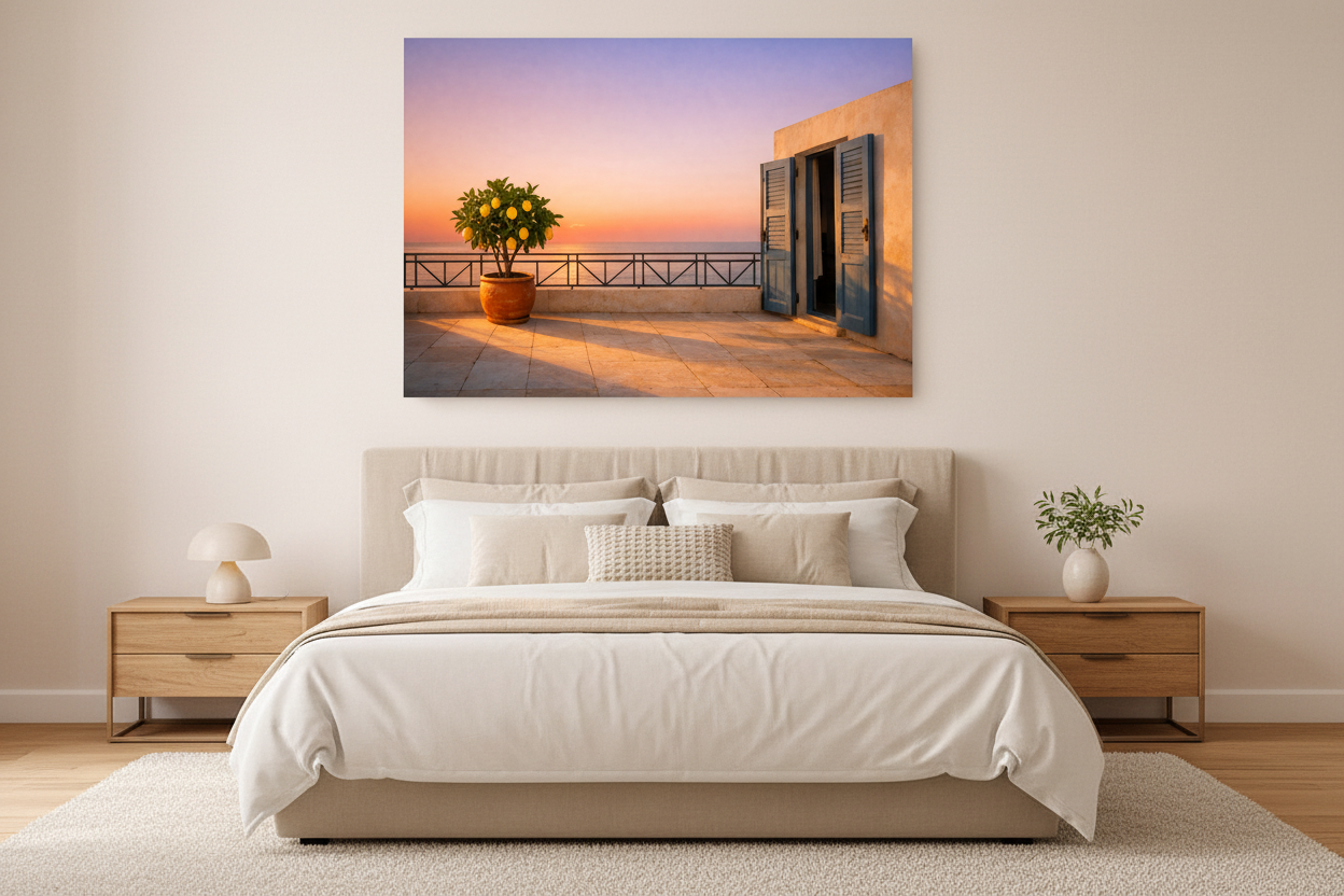 Mediterranean terrace with lemon tree and blue shutters at sunset canvas wall art displayed above a bed in a bright airy bedroom - Portugal Canvas Co