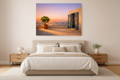 Mediterranean terrace with lemon tree and blue shutters at sunset canvas wall art displayed above a bed in a bright airy bedroom - Portugal Canvas Co