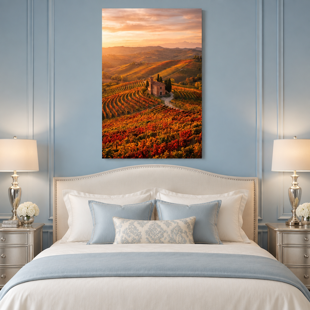 Portrait vineyard sunset canvas above an ivory bed in a powder blue bedroom - Portugal Canvas Co