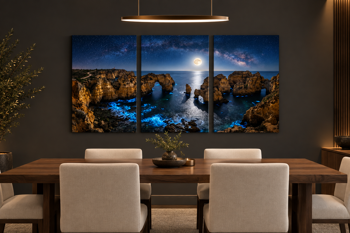 Moonlit Algarve coast three-panel canvas in a charcoal dining room with walnut table - Portugal Canvas Co