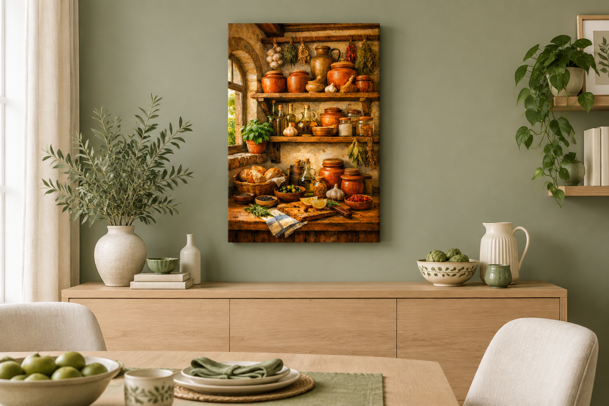 Mediterranean pantry still life canvas displayed in a sage green dining room - Portugal Canvas Co
