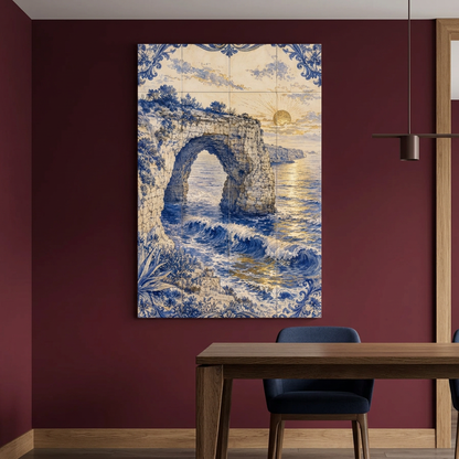 Azulejo-style coastal rock arch sunset canvas on a burgundy dining room wall - Portugal Canvas Co