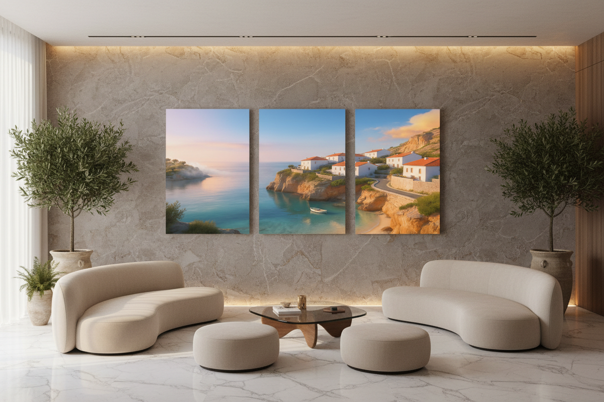 Three-panel coastal village canvas triptych in a luxury boutique hotel lobby - Portugal Canvas Co
