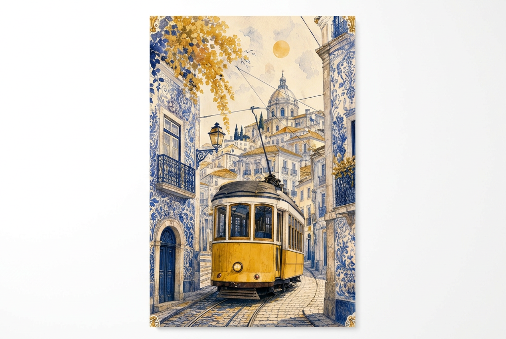 Portrait yellow Lisbon tram canvas with blue tiled buildings and golden foliage on a landscape white background - Portugal Canvas Co