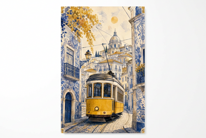 Portrait yellow Lisbon tram canvas with blue tiled buildings and golden foliage on a landscape white background - Portugal Canvas Co