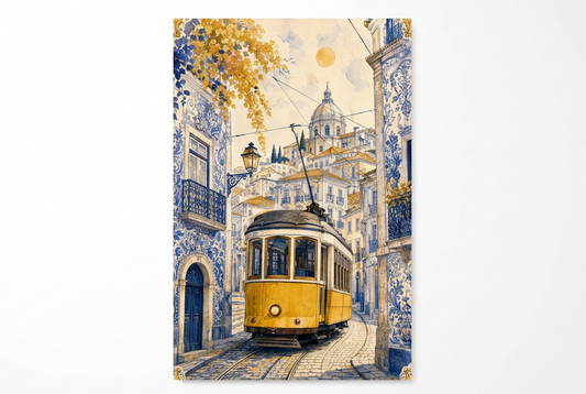 Portrait yellow Lisbon tram canvas with blue tiled buildings and golden foliage on a landscape white background - Portugal Canvas Co