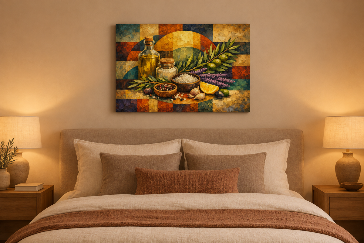 Cubist Mediterranean ingredients still life canvas above a neatly dressed bed with warm bedside lamps - Portugal Canvas Co