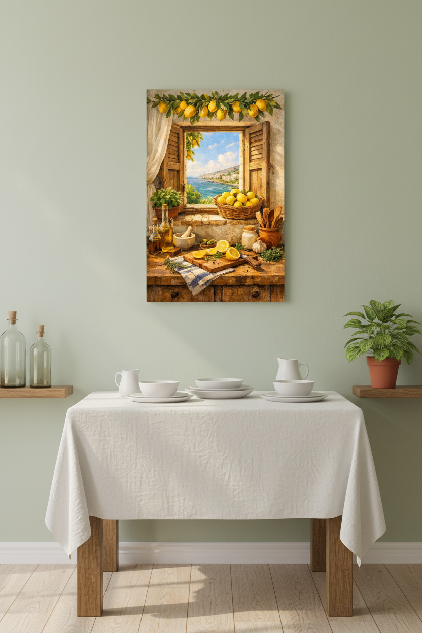 Mediterranean lemon kitchen still life canvas wall art displayed on a sage green wall in a bright cosy dining room with white linen and ceramic dishes - Portugal Canvas Co