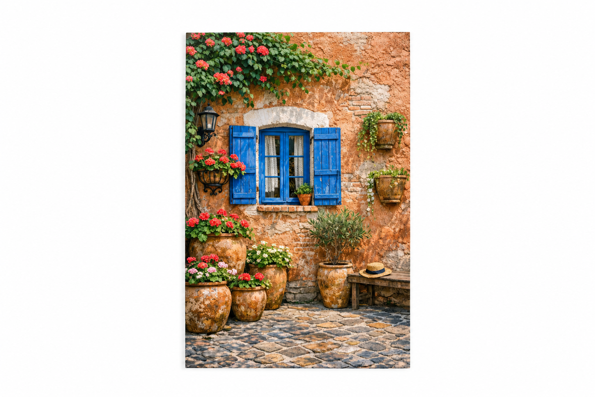 Portrait canvas of a Mediterranean stone courtyard with blue shutters and red flowers centered on a pure white 3:2 background - Portugal Canvas Co