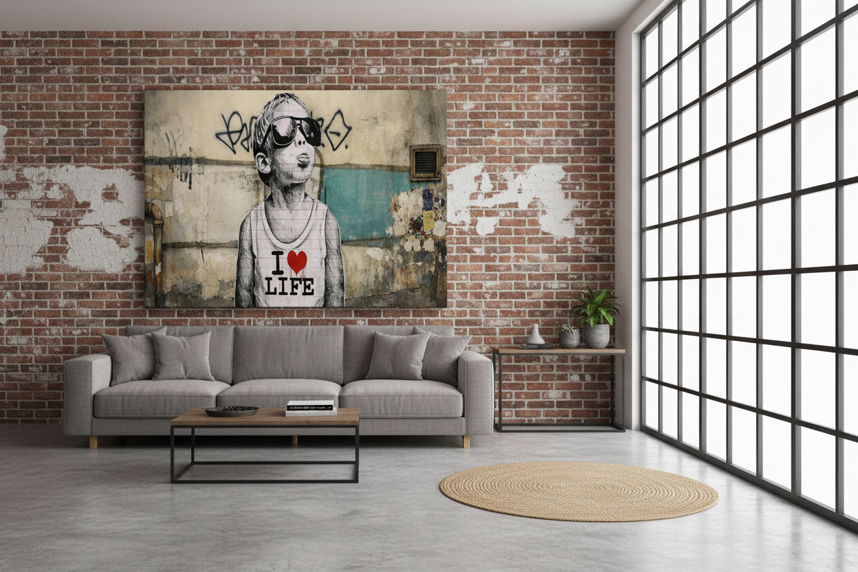 Banksy style I Love Life graffiti canvas wall art displayed on the wall of a cool urban industrial living room with exposed brick walls and grey sofa - Portugal Canvas Co