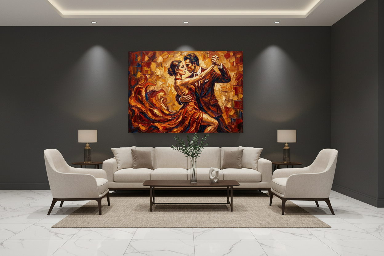 Passionate tango couple expressive canvas wall art displayed on a dark charcoal wall in a luxury hotel lobby with marble floors and warm spotlighting - Portugal Canvas Co