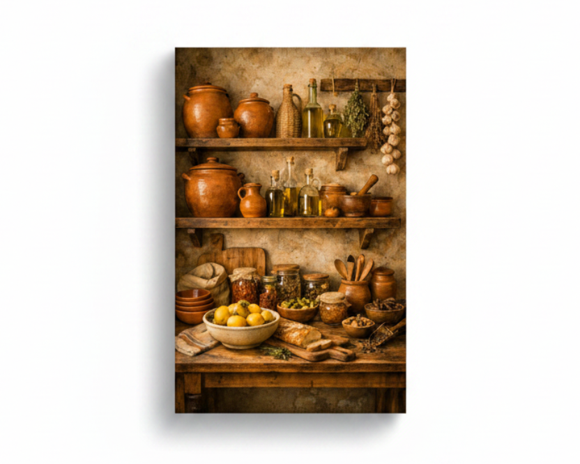 Mediterranean kitchen rustic pantry shelves canvas wall art with lemons olive oil and herbs on white background - Portugal Canvas Co