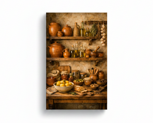 Mediterranean kitchen rustic pantry shelves canvas wall art with lemons olive oil and herbs on white background - Portugal Canvas Co