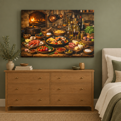 Mediterranean rustic feast canvas above an oak dresser in a sage green bedroom - Portugal Canvas Co