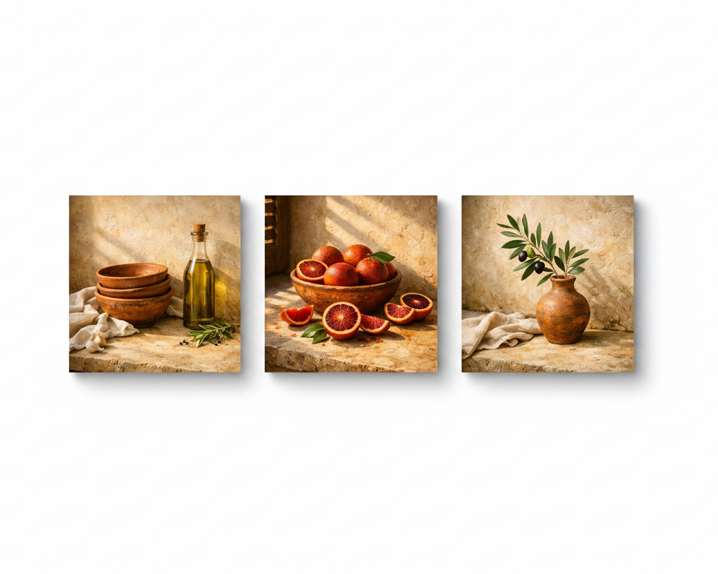 Mediterranean Kitchen Trio rustic still life triptych flat lay overhead view on white background - Portugal Canvas Co