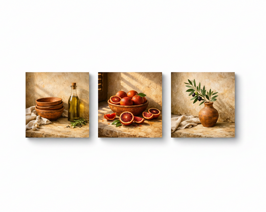 Mediterranean Kitchen Trio rustic still life triptych flat lay overhead view on white background - Portugal Canvas Co