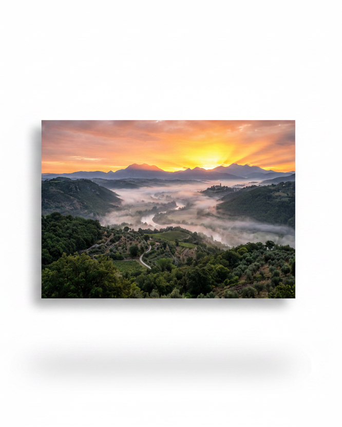 Mediterranean golden valley sunrise misty countryside landscape canvas wall art on white background - Portugal Canvas Co