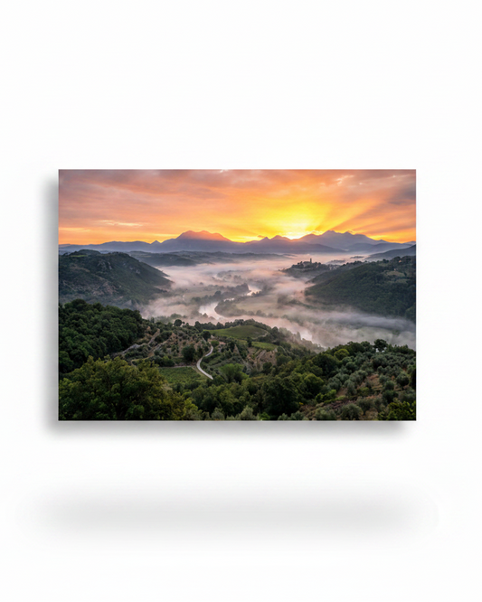 Mediterranean golden valley sunrise misty countryside landscape canvas wall art on white background - Portugal Canvas Co