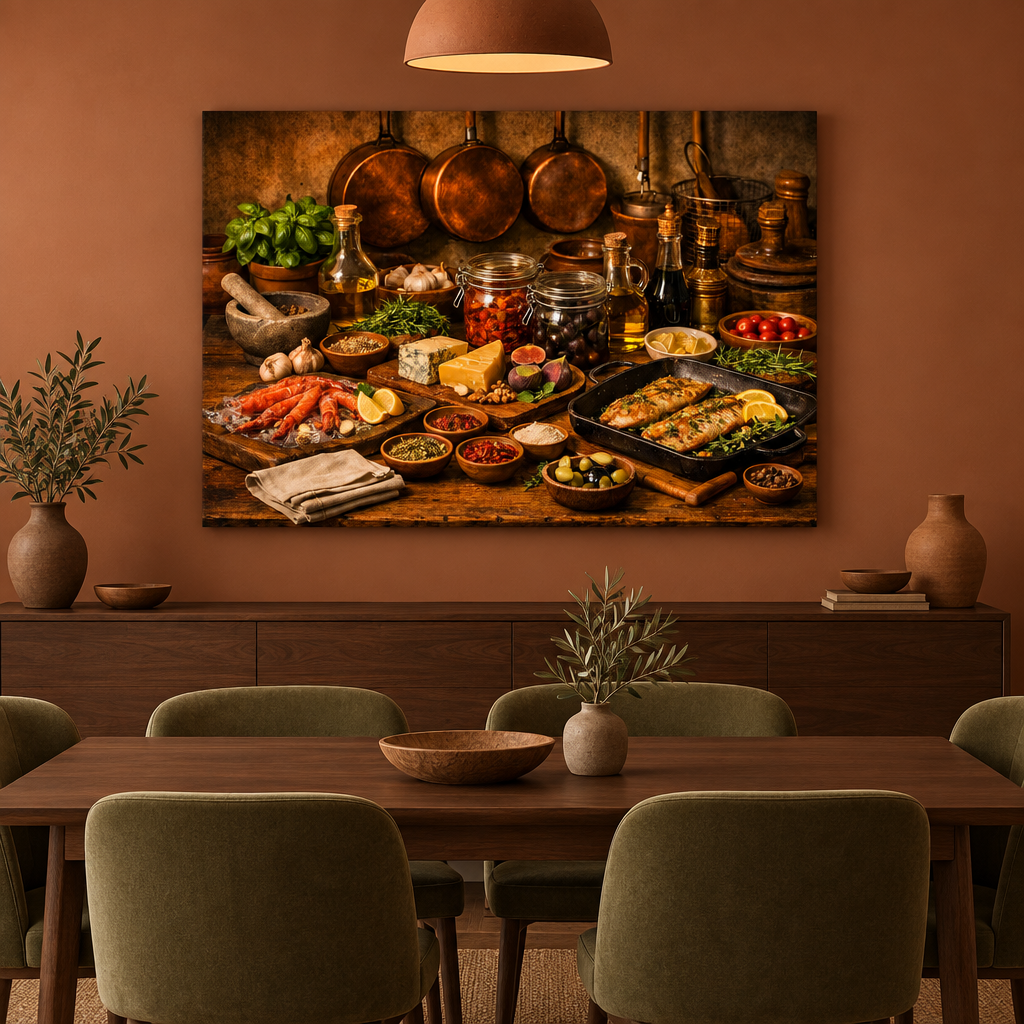 Food still-life canvas wall art in a terracotta dining room - Portugal Canvas Co