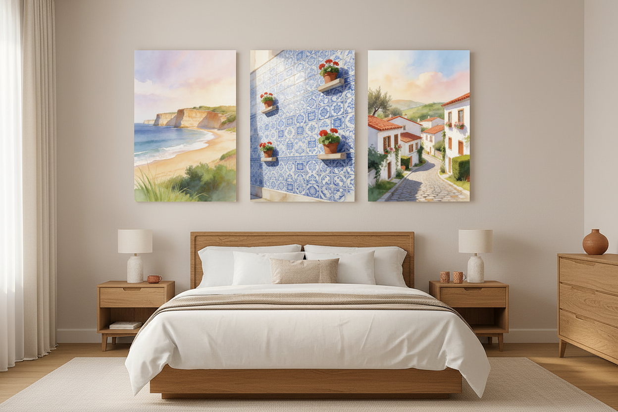 Mediterranean coastal watercolour canvas wall art set of 3 displayed above a bed in a warm Mediterranean-style bedroom - Portugal Canvas Co