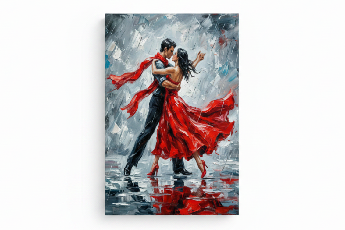 Tango couple red dress dancing in rain canvas wall art flat lay on white background top-down view - Portugal Canvas Co