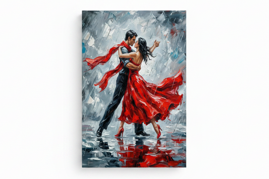 Tango couple red dress dancing in rain canvas wall art flat lay on white background top-down view - Portugal Canvas Co