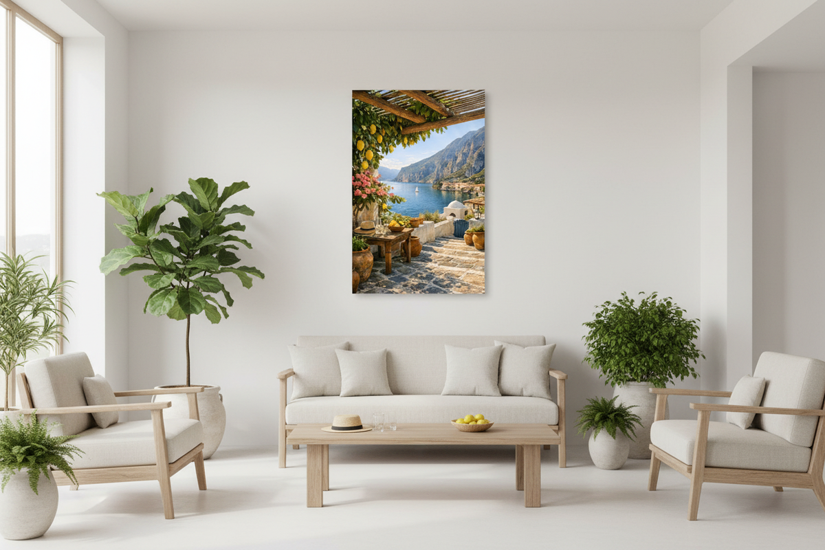 Mediterranean lemon terrace canvas print on a white wall in a serene spa wellness lounge with light wood furniture and natural daylight - Portugal Canvas Co