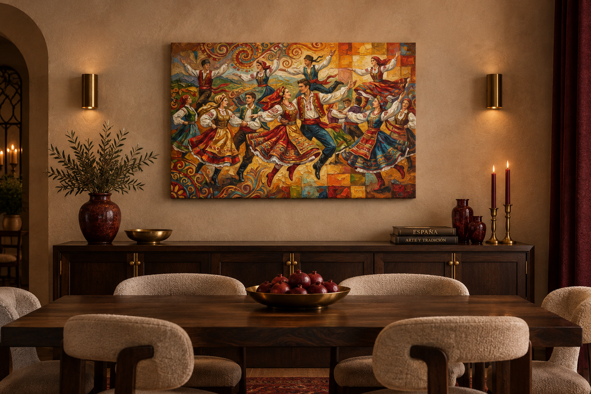 Colourful traditional folk dancers canvas displayed in a refined Iberian dining room - Portugal Canvas Co