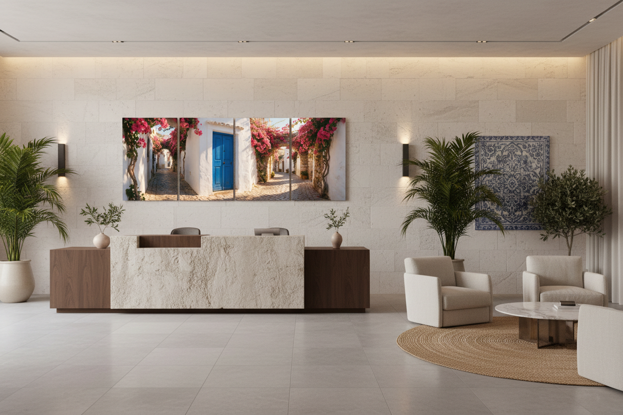 Four-panel Albufeira Old Town canvas wall art in an Algarve resort lobby - Portugal Canvas Co
