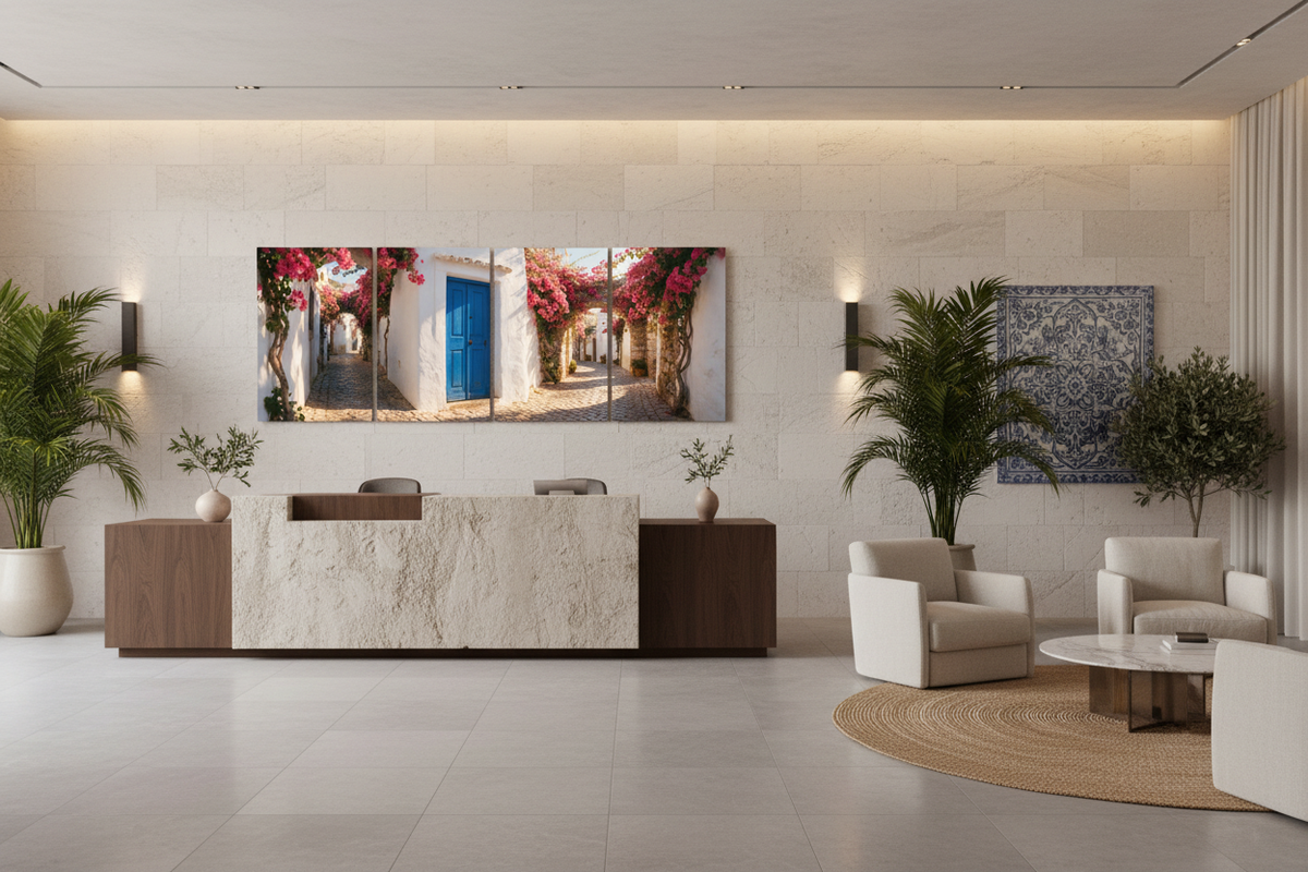 Four-panel Albufeira Old Town canvas wall art in an Algarve resort lobby - Portugal Canvas Co
