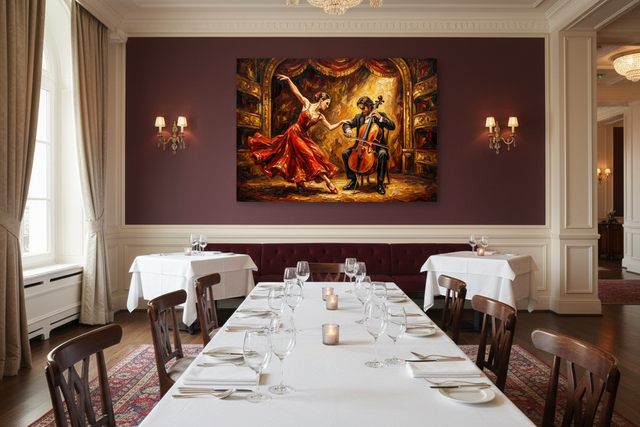 Flamenco dancer and cellist dramatic canvas wall art displayed on a burgundy wall in an upscale fine dining restaurant with candlelit tables - Portugal Canvas Co