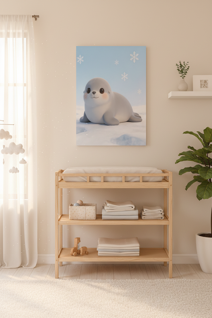 Cute baby seal nursery canvas wall art on a pastel blue nursery wall above a changing table - Portugal Canvas Co