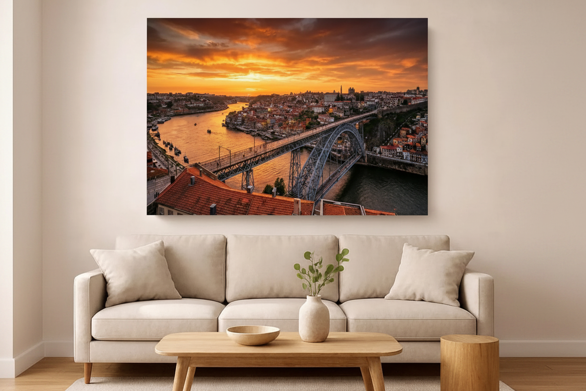 Porto cityscape Dom Luis I bridge sunset canvas wall art displayed above a sofa in an elegant living room - Portugal Canvas Co
