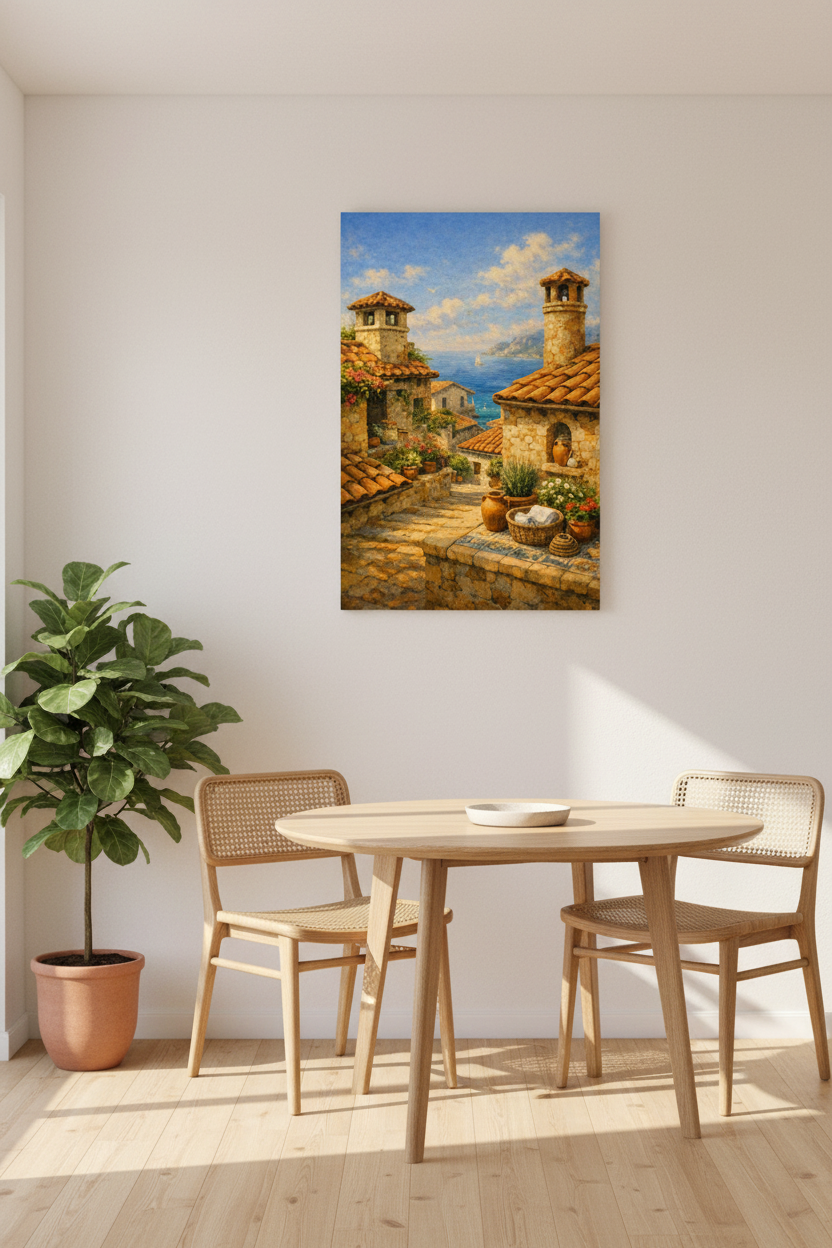 Mediterranean coastal village canvas wall art hung in a bright airy dining room with round wooden table and woven chairs in a Portuguese coastal home - Portugal Canvas Co