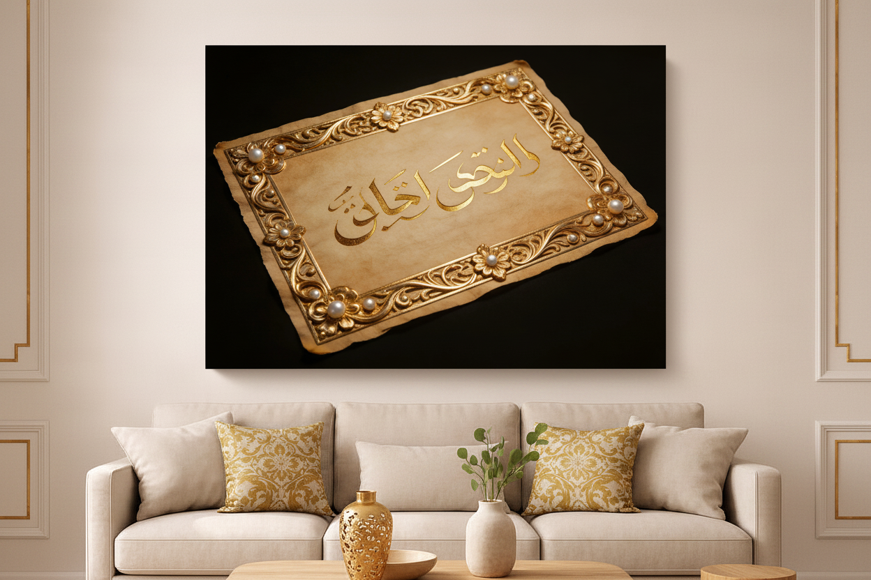 Divine golden scroll Arabic calligraphy canvas wall art displayed on warm white wall above cream sofa in elegant Middle Eastern inspired living room - Portugal Canvas Co