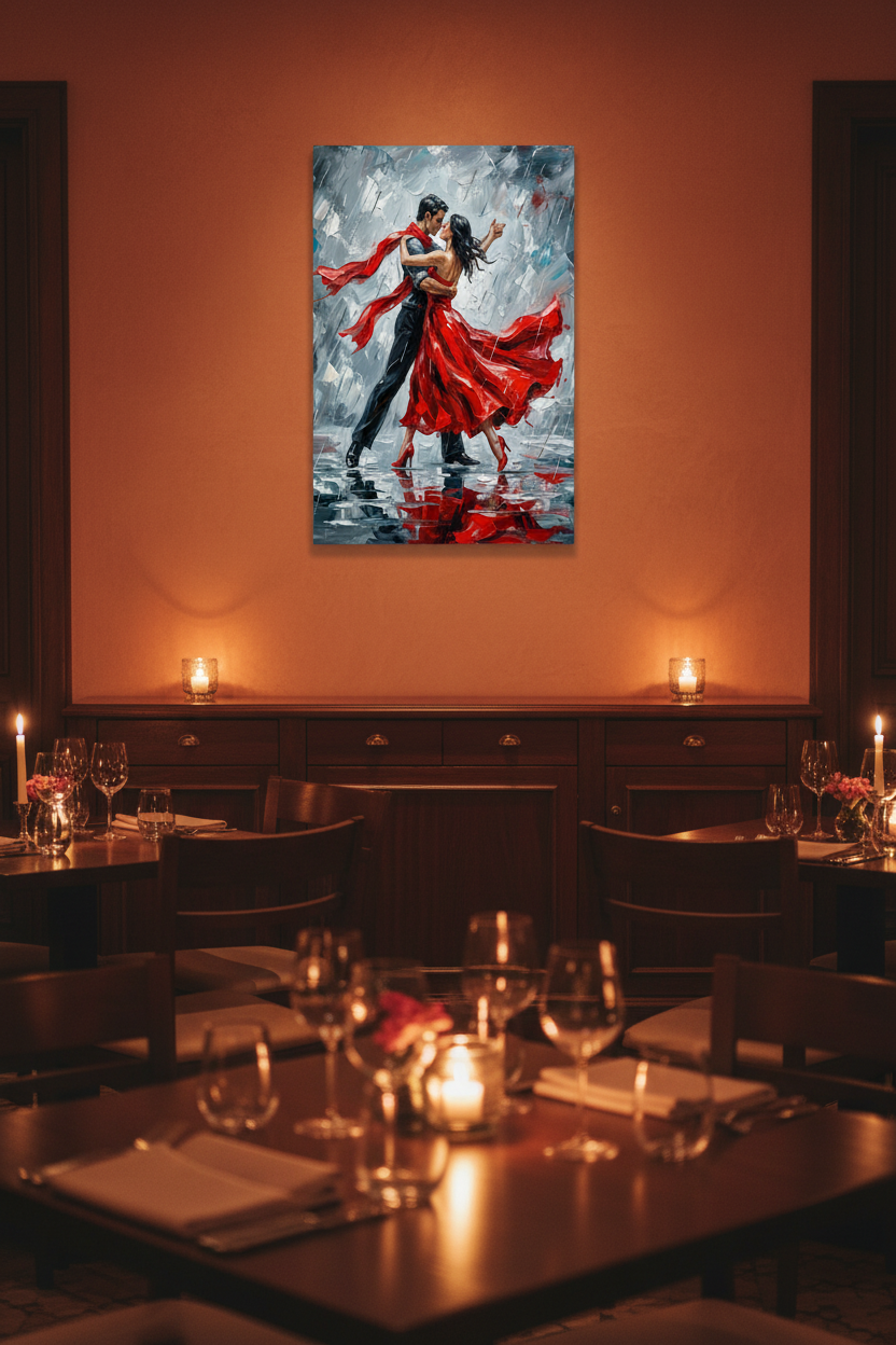 Tango couple red dress dancing in rain canvas wall art on a terracotta wall in an upscale candlelit restaurant dining room - Portugal Canvas Co