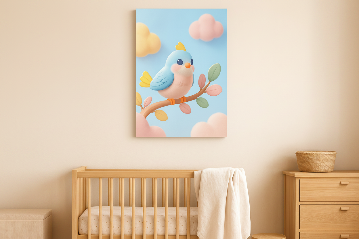 Blue bird on branch canvas wall art displayed in a soft pastel nursery room above a wooden crib - Portugal Canvas Co