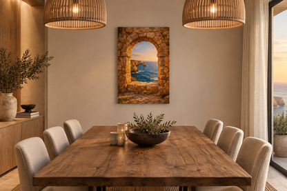 Algarve stone archway sunset canvas wall art above a wooden dining table in an elegant dining room - Portugal Canvas Co