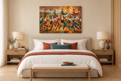 Colourful traditional folk dancers canvas displayed above a neutral designer bed - Portugal Canvas Co