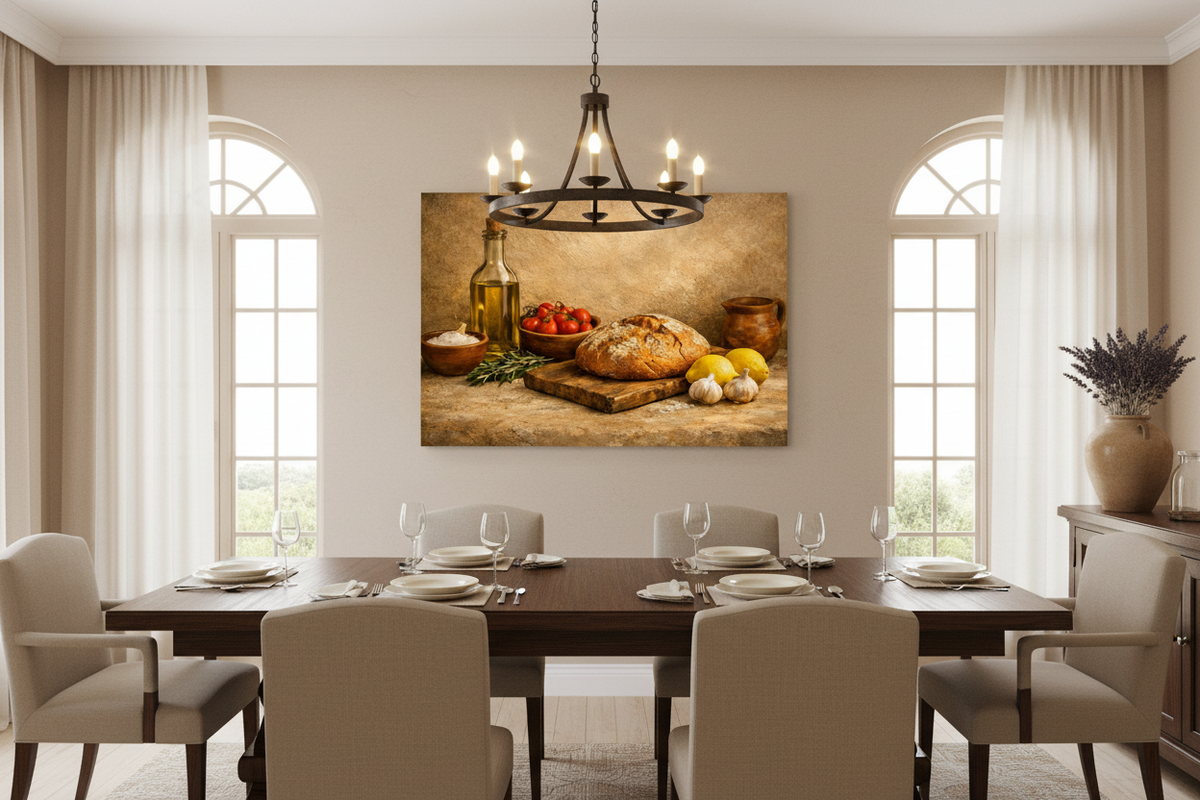 Rustic Mediterranean kitchen still life canvas wall art displayed above a dining table - Portugal Canvas Co