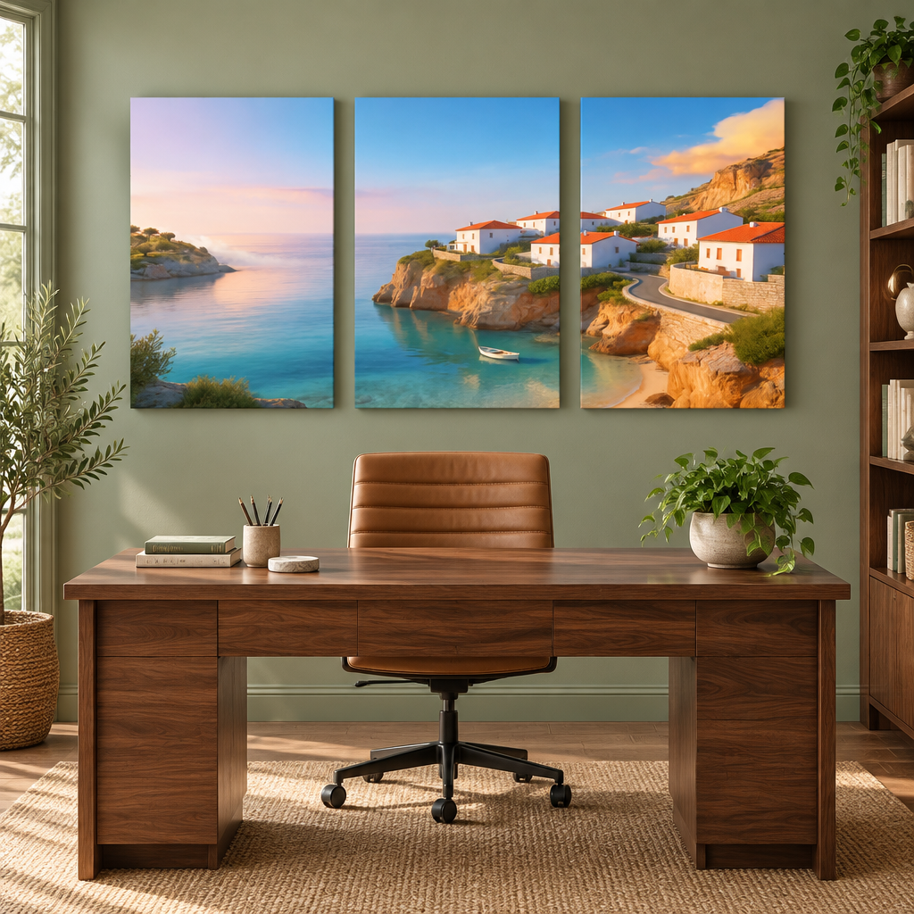 Three coastal village canvas panels above a walnut desk in a sage green home office - Portugal Canvas Co