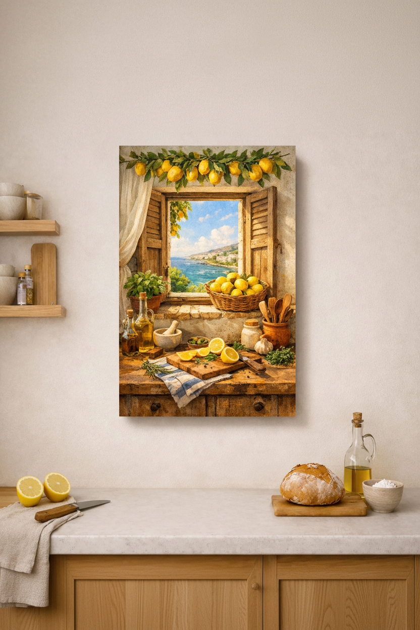 Mediterranean lemon kitchen still life canvas wall art displayed on an off-white wall in a contemporary Scandinavian living room with light oak furniture - Portugal Canvas Co