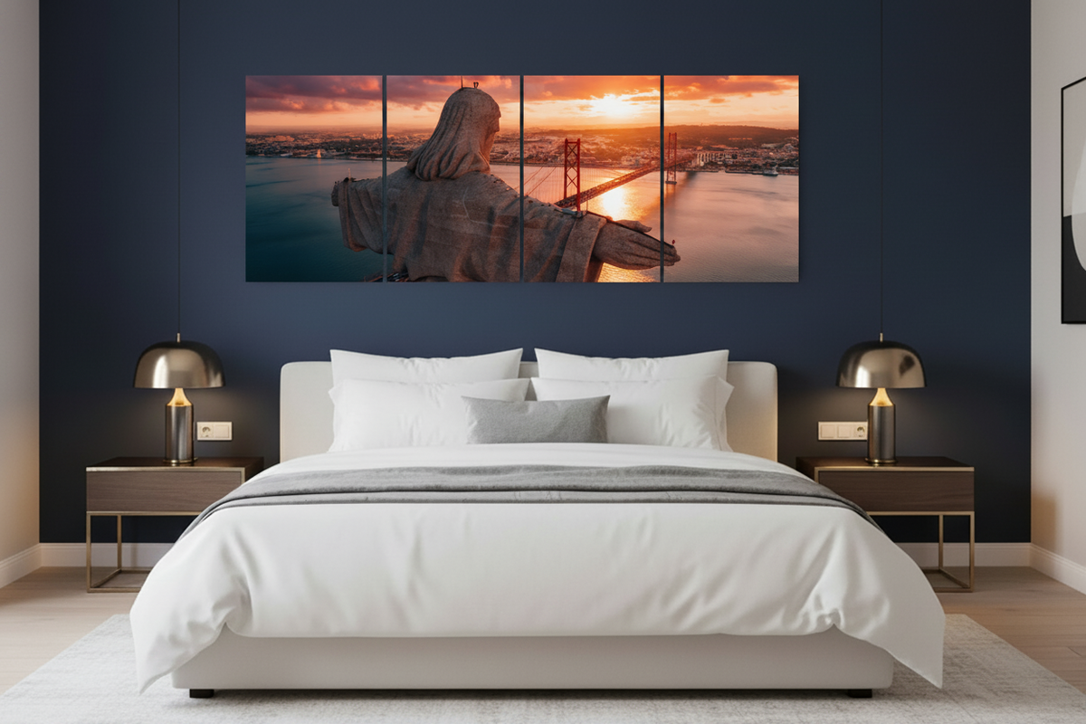 Four-panel Cristo Rei Lisbon canvas wall art in a luxury Lisbon hotel suite - Portugal Canvas Co