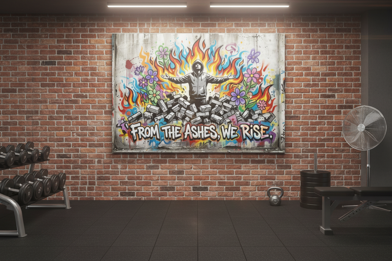 From The Ashes We Rise graffiti canvas print displayed in a gym fitness studio with exposed brick and motivational energy - Portugal Canvas Co